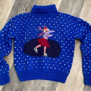 Vintage Hand knit Wool 70s Blue Women's Knit Sweater with Skater Motif